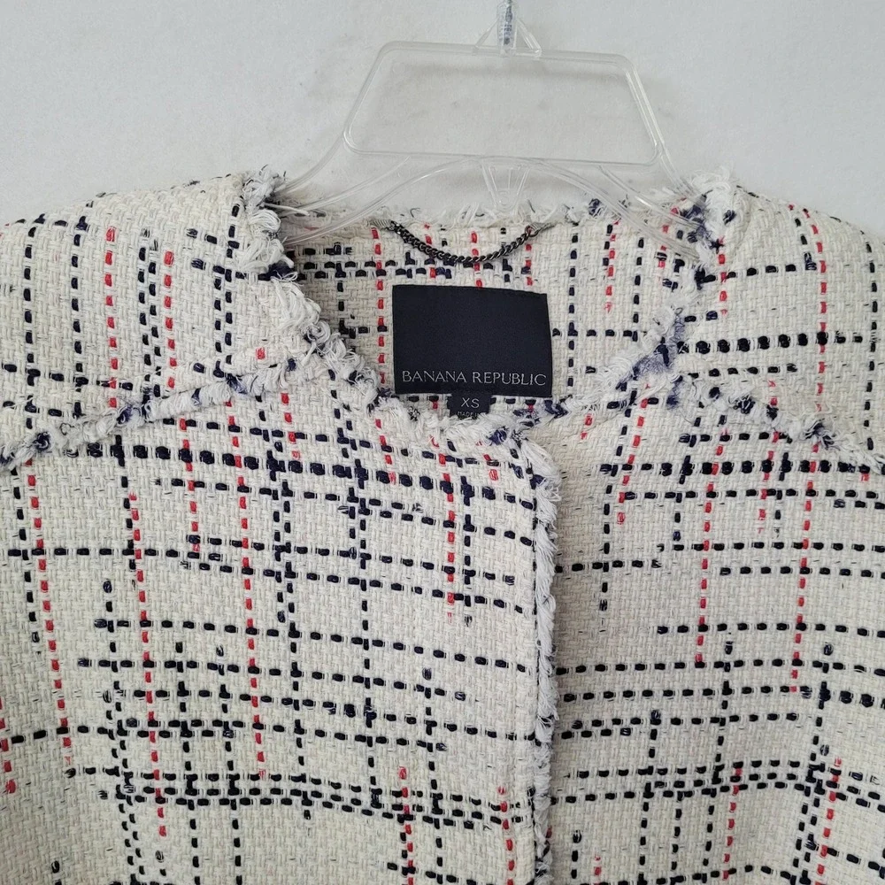 Banana Republic Womens Tweed Jacket Three Quarter Sleeve White Red‎ Black XS